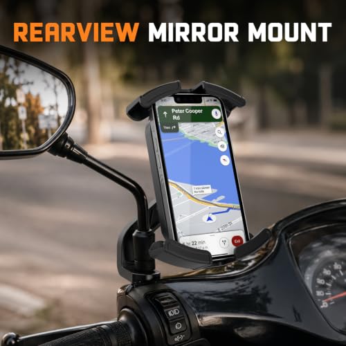 Image of Amkette iGrip Secure X2 Mobile Holder for Bike & Scooty with Mirror Mount, One Press Lock & Unlock, Anti Slip Silicone Grip, 4 Corner Clamping, Compatible with 4.7 inch-7 inch Smartphones, Black