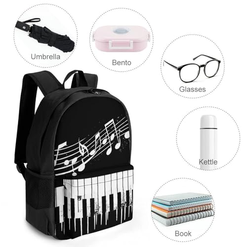 Womens Fashion Backpack, Black And White Piano Keys with Musical Notes Comfortable Versatile Commute Backpack with Side Pockets, Reusable Daypack for Travel4