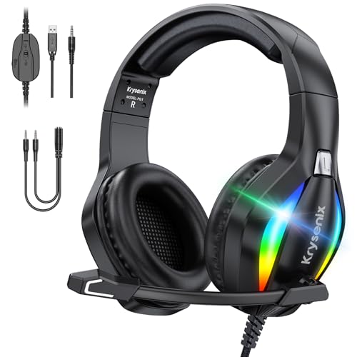 Krysenix PG1 RGB Gaming Headset für PS4, PS5, PC, Xbox,Switch, Kabel Gaming Kopfhörer mit LED Licht, Over Ear Computer Headset mit Noise Cancelling Mikrofon und 3,5 mm Klinke,Tief schwarz
