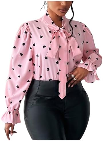 WDIRARA Women's Plus Size Heart Print Bow Tie Neck Long Sleeve Bl...