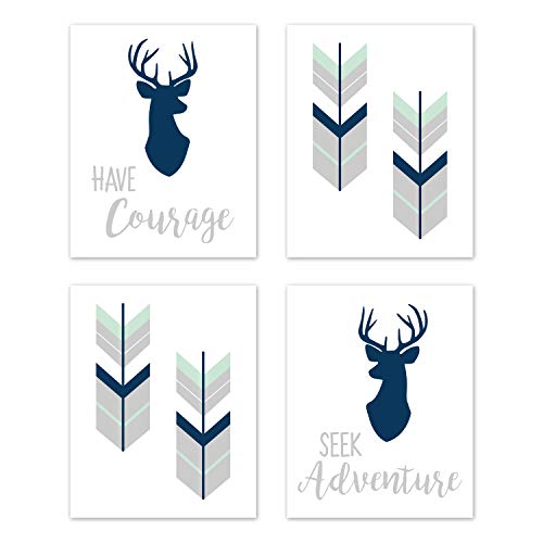Image of Sweet Jojo Designs Navy Blue, Mint and Grey Woodland Deer Wall Art Prints Room Decor for Baby, Nursery, and Kids for Woodsy Collection - Set of 4 - Seek Adventure Have Courage