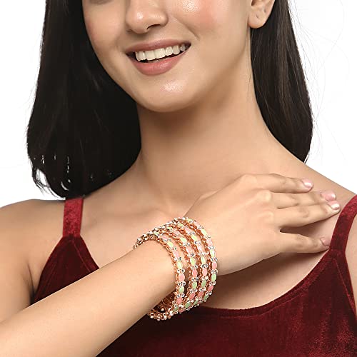 Image of ZENEME Rose Gold-Plated Lime Green & White Oval Shaped AD studded Handcrafted Bangles Set for Girls and Women (Set Of 4) (2.8)
