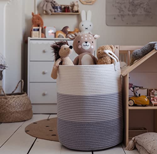 Image of OrganiHaus Tall Cotton Rope Laundry Basket & Hamper, Blanket Storage 52L | 3-Toned Gray - Tall Cotton Rope Hamper, 52L