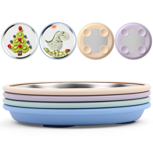 Image of Bakpoco 8" Stainless Steel Baby Suction Plate, Toddler Plates with Removable Silicone Sleeves, Non Toxic Unbreakable Led Weaning Supplies Kids Snack Dishes Set of 4, Sage Blue Beige Lilac