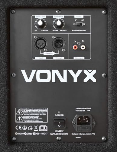 Vonyx SWA15 PA Subwoofer Aktiv, Bass Box, 15 Zoll Sub 600 Watt, XLR, RCA Line, Phase...