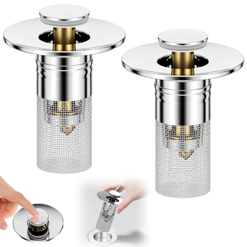 Vodolo 3 in 1 Sink Drain Strainer with Hair Catcher 2PCS Stainless Steel Popup Sink Stopper with Basket for Bathroom Kitchen Shower Pop-up Bounce Core Floor Basin Drain Filter Replacement Sink Plug