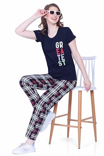 Image of Nightview Women's Cotton Checks Printed Night Suit Set of Top & pyajama Set