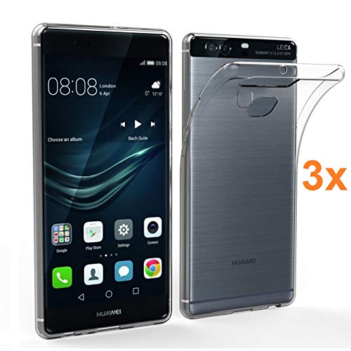 REY Pack 3X Cover in Gel TPU Trasparente per Huawei P9 Plus, Ultra Sottile 0,33 mm, Morbido Flessibile, Custodia Silicone