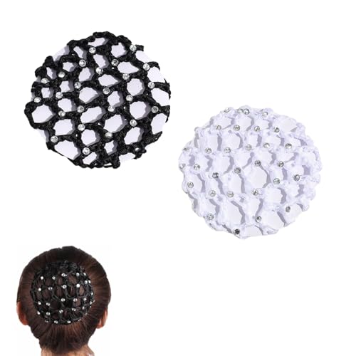 Dutt Netz Haarnetz,2 Pcs Dutt Netz mit Strasssteinen Bun Frisurenhilfe Stoff Knotennetz Ballett Haarnetz Dutt Mädchen Haargummi Strass für Gymnastik Rhythmische Sportgymnastik Ballett(Schwarz,Weiß)