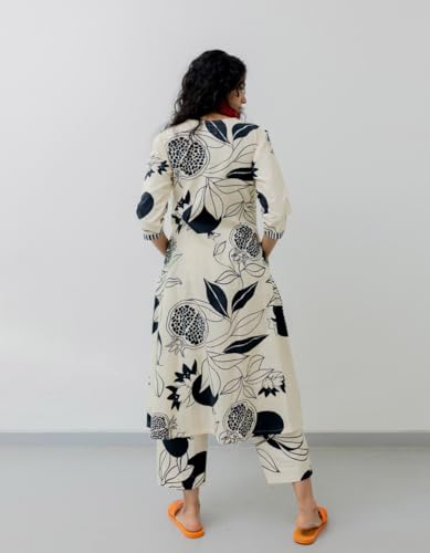 GoSriKi Women's Cotton Blend Printed Straight Kurta with Pants, Beige, Large