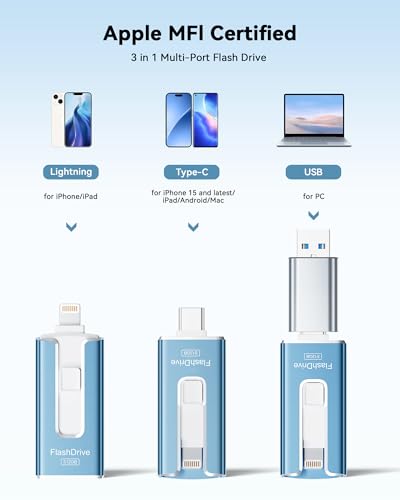 MFi Certified 512GB Flash Drive for iPhone, 3 in 1 Type-C USB Memory Stick Thumb Drive for Photos Videos, High Speed External Memory Storage Photo Stick for iPhone iPad Android PC (Sky Blue)