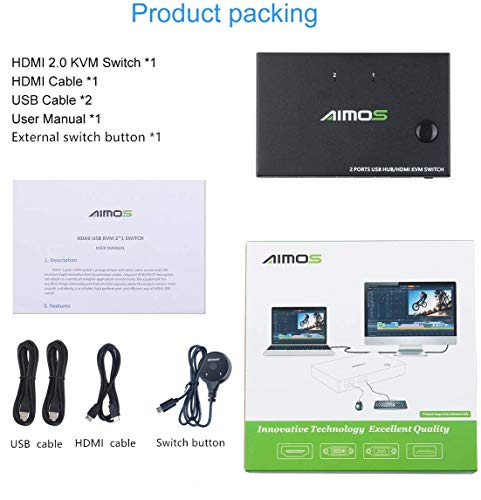 AIMOS Přepínač KVM Switch, 2 v 1 outp, aktivní monitor myš, klávesnice, HDMI přepínač, 4K @ 30Hz pro laptop, PC, PS4, Xbox, lze s funkcí USB HUB, aktualizovat externí tlačítka