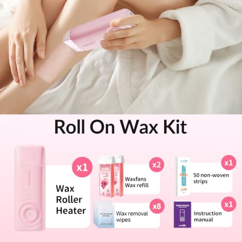 Image of Waxfans Roll On Wax Kit, Wax Roller Kit, Waxing Kit for Women & Men, at Home Hair Removal on Body and Legs, with 2 Rose Wax Refills & 50 Pcs Wax Strips, Easy & Smooth(Rose&Rose)