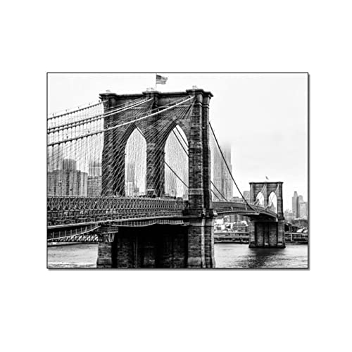 Black And White Wall Art New York Brooklyn Bridge Landscape Poster Skyline Poster Canvas Painting Wall Art Poster For Bedroom Living Room Decor 24X32Inch(60X80Cm) Frame-Style #TOP16