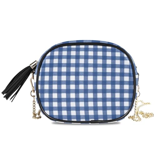 Crossbody Shoulder Bag Tassel Purse Blue & White Gingham PU leather Small Handbag Fashion Evening Clutch with Chain