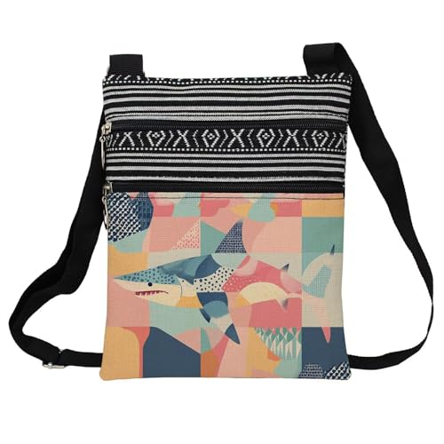 Abstract Shark Messenger Bag Small Ethnic Pattern Printed Adjustable Strap Crossbody Zipper Bag Abstract Shark Phone Bag Wallet Cute Shoulder Handbag for Women Friends -2