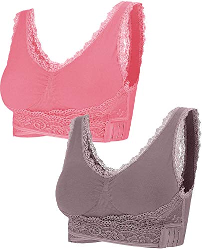 M_Eshop Women Seamless Lace Sport Bra Padded Yoga Running Bras Cross Front Side Buckle (Pink+Purple Red, L)