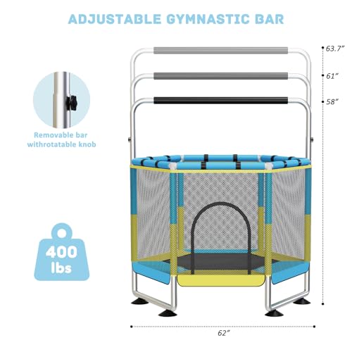 Trampolin Kinder, 150cm Kinder Trampolin Outdoor/Indoor, 200 kg mit Sicherheitsnetz, verbesserte Ringbeine mit Verstellbarer Turnstange, Geschenke für im Alter von 1 bis 8 Jahren Blau
