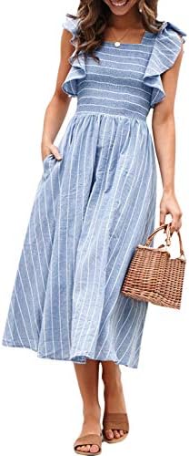 Miessial Women's Striped Linen Long Dress Elegant Ruffle Cap Sleeves Midi Dress Bleu 4-6
