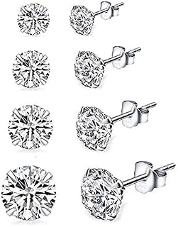 Deyanse Silver Stud Earrings for Women, 4 Pairs 925 Sterling Silver Stud Earrings Set, Hypoallergenic Small Sleeper Cartilage Studs Earrings Set with White Shiny 5A Cublc Zirconia, Size: 3, 4, 5, 6mm