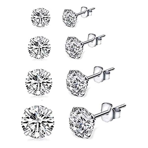 Deyanse Silver Stud Earrings for Women, 4 Pairs 925 Sterling Silver Stud Earrings Set, Hypoallergenic Small Sleeper Cartilage Studs Earrings Set with White Shiny 5A Cublc Zirconia, Size: 3, 4, 5, 6mm Cover