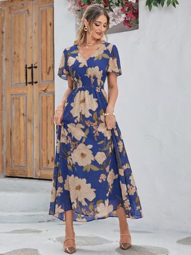 Image of Simplee Women's Boho Floral Maxi Dress Flowy Casual V Neck Short Sleeve Wedding Guest Holiday Beach Long Dress