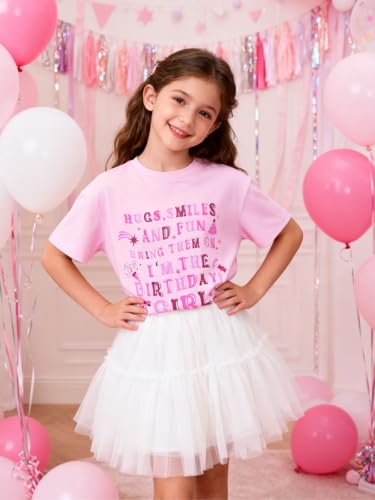 Image of WELAKEN Girls Soft T-Shirt with Curved Hem, Breathable Stretchy Rayon Crewneck Short Sleeve Tees, Kids Everyday Basic Top