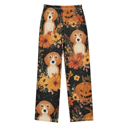 Beagle Pumpkin Flower Boys Long Pants Soft Trousers Elastic Waist Kids Lounge Bottoms with Pockets S-XL