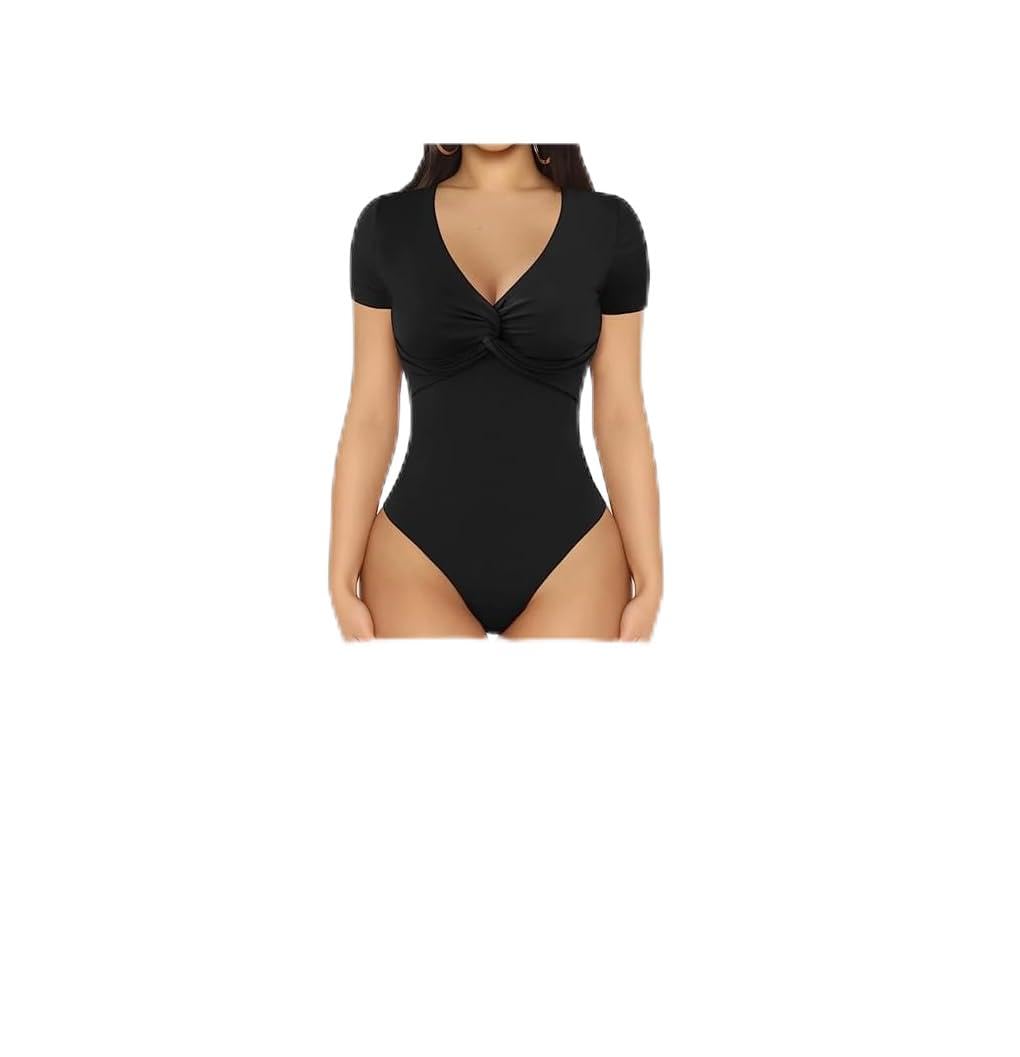 Body Manche Courte Femme Bodysuit Col V Torsadé Sculptant Gaine Amincissante Top Basique Élégant Bodys pour Quotidien Soirée Confortable Moulant String