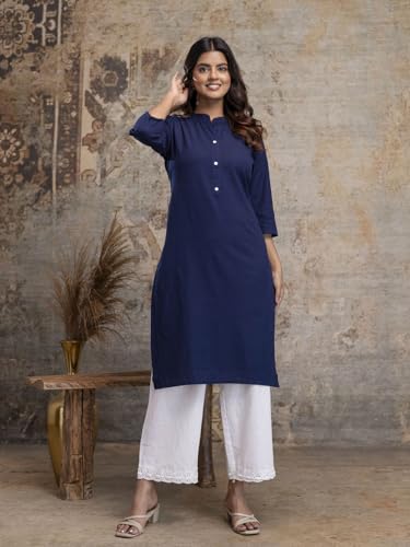 Image of feranoid Women's Plain Cotton Kurta with Mandarin Collar, 3 /4 Sleeves & Pocket