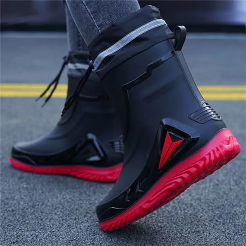Wjnvfioo Men's Waterproof Drawstring Rain Boots Non-Slip Flat Fashion Rider Rain Boots3