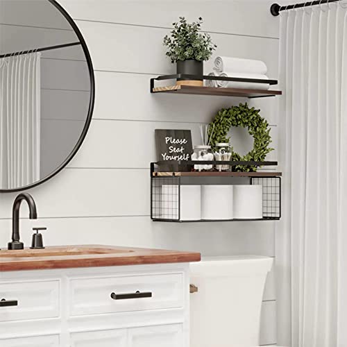Wxcgx Floating Shelves, Rustic Floating Shelves Wood Over Toilet With Paper Storage Basket, Farmhouse Wall Mounted Shelves Floating Shelf For Bathroom Bedroom Wall Decor Living Room Kitchen (2-Brown) #TOP4