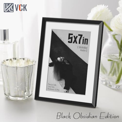 Image of VCK 5x7 Metal Black Picture Frames with Mat for 4x6 Photo or 5x7 without Mat, Aluminum Photo Frame with Tempered Real Glass, Tabletop or Wall Hanging