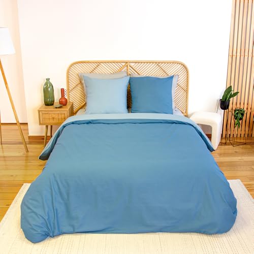 CÔTE DECO Parure de Lit Adulte Bleu Coton Bicolores 220x240cm - 3 pièces