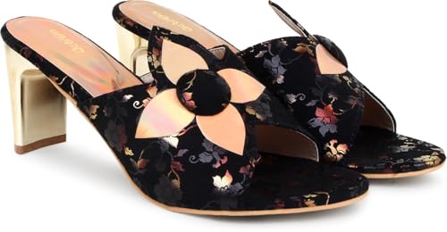 Image of Action Women's Floral Suede Mules| Black with Peach Flower Applique| Gold-Tone Heel Dark Brown