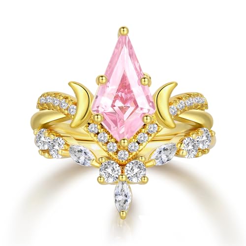JIANGYUE Engagement Pink Rings Wedding Ring Set Kite Cut Ring