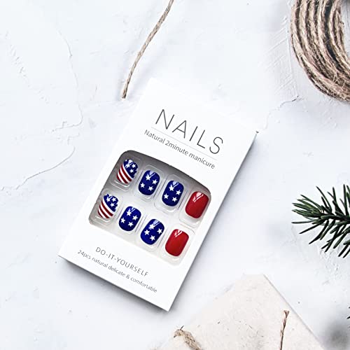 OCOUYVD Short 4th of July Press on Nails Square Fake Nails Short False Nails with American Flag Star Designs Acrylic Nails Red Blue White Glue on Nails for Women Girls 4th of July Nail Decorations