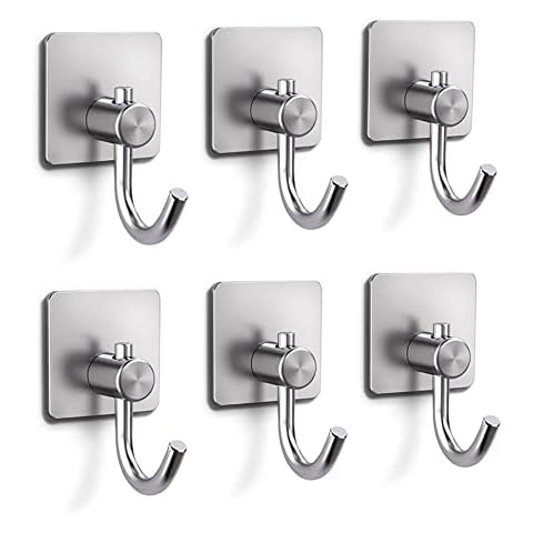 KAXIMON Self Adhesive Hooks Chrome, 6 Pack Stainless Steel Adhesive Wall Hooks, Heavy Duty Sticky Hooks for Kitchen Bathroom Office Toilet, No Drill Cover