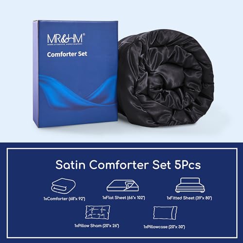 MR&HM Satin Comforter Twin XL 5 Pieces - Luxurious Pinch Pleat Bedding Set with Comforter, Flat Sheet, Fitted Sheet, Pillowcase & Sham, Super Silky Soft Bed Set for All Season (Twin XL, Black)
