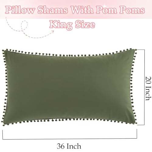 HommxJF Pom Poms Pillow Shams King Size Set of 2, Olive Green Decorative Pillowcases with Envelope Closure, Soft Microfiber Shams Cover with Pom Pom Trim, Wrinkle Resistant (20 x 36 Inches) by HommxJF - Used condition - Image 3