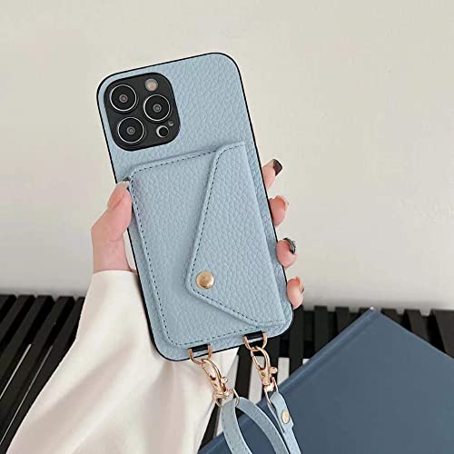 Housse en cuir premium avec lanière amovible pour iPhone 13 Pro finition bleu ciel