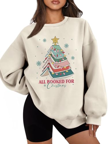 Enviarbrillo Book Christmas Tree Sweatshirt All Booked For Christmas Crewneck Festive Holiday Graphic Pullover for Women Beige