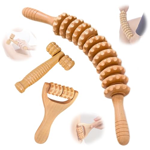 GYHWOFUL 3 Stück Faszienstab Holz Massageroller mit 12 Rollen für Nacken Rücken Beine Füße & Kieferlinie Muskelentspannung & Lymphdrainage Ideal für Zuhause Büro & Reisen