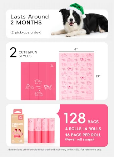 Image of Dog Poop Bags, 128 Count, Baby Powder Scented, Pink | Baby Powder Scented, Extra Thick, 60% Recycled Plastic, Easy-Peel Sticker, 16 Bags Per Roll, Dual Pink Designs
