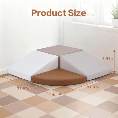 Image of Sumbababy Toddler Climbing Toys Indoor 4 Piece Foam Climbing Blocks Wipe Clean Leather Soft Play Climbing Set for 1 Year Old Beginner Climber Nursery Playroom Neutral Tones