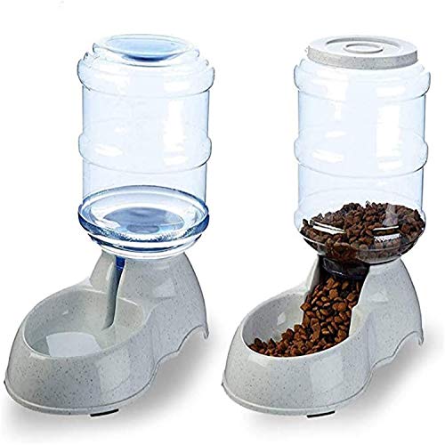 Lucky Youth Pet Feeder Food and Water for Dogs and Cats, Automatic Water Food Dispenser, Natural Gravity Feeding Supplies for Small Dog Pets Puppy Kitten Rabbit Bunny (Grey)