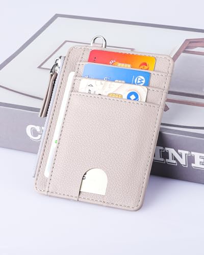 Image of Teskyer Slim RFID Wallet for Women, Small Card Holder with Zip Pocket, Beige, 3.5 inch x 4.7 inch, Minimalist | Zip Pocket for Cash Coin, 1 ID Window & 7 Card Slots, Ultra Slim Design, D-Ring for Neck Lanyard, for Daily Carry and Travel
