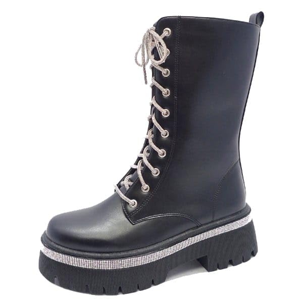 Wild Diva Munich-09 Women's Lug Sole Rhinestone Lace-Up Detail Faux Leather Combat Boots