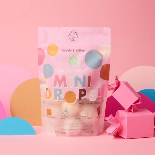 Image of Dabble & Dollop Mini Bath Bombs, Sweet Treat Scents - Natural Origin, Mixable Scents, Clean Ingredients, No Synthetic Dyes, Toddler & Kids Bath Bombs in Resealable Pouches (Set of 24)