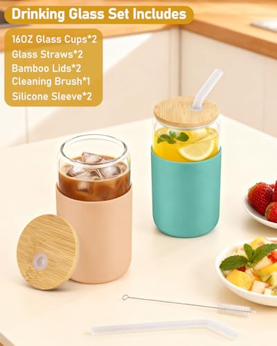 Image of Glass Cups with Lids and Straws, 2 Pack 16OZ Iced Coffee Cups with Silicone Sleeve, Glass Tumbler with Straw and Bamboo Lid, Home Essential Drinking Set for Juice, Cocktail and Latte Khaki&Green